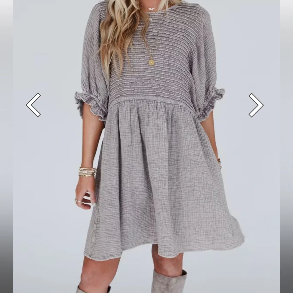 Three Bird Nest Gray Gauze Smocked Mini Dress NWOT - Picture 1 of 1